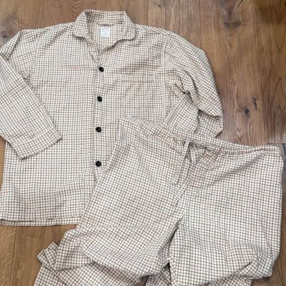 Brooks Brothers Cotton Plaid Pajama Set Mens Size M Tan Tartan Button Sleepwear